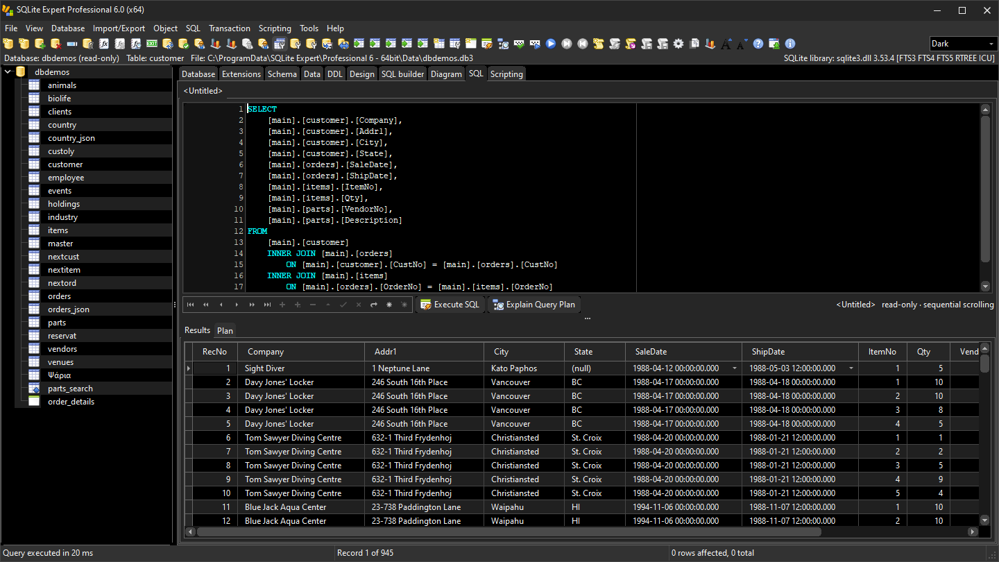 SQLite Expert (dark skin): database tree, SQL editor, and results grid
