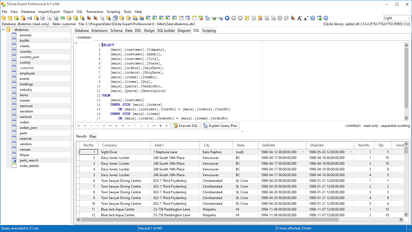 SQLite Expert: database tree, SQL editor, and results grid
